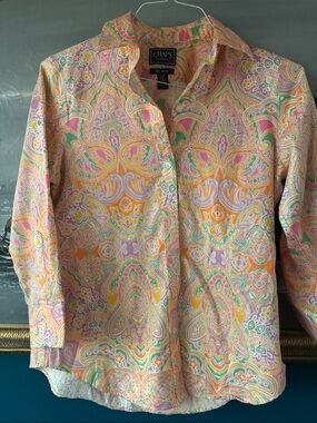 Chaps Classics Paisley Button Down Shirt | Pastel Preppy Cotton Blouse | Small